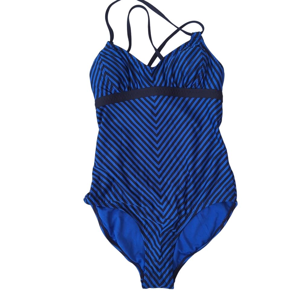 Athleta Women's Swimsuit One Piece Blue‎ Striped Size XS Avila Chevron Modest